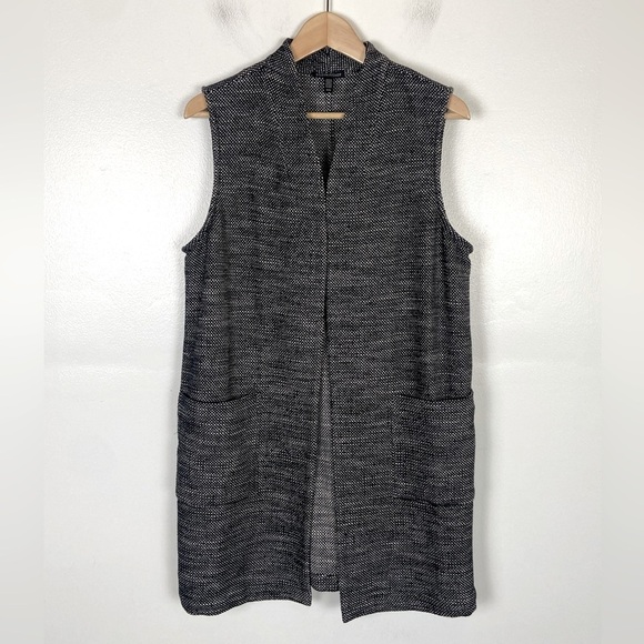 Eileen Fisher Organic Cotton Tweed Knit Vest Cardigan Size M Black Pockets - Picture 3 of 11